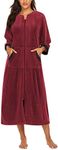 Ekouaer Women Zipper Robe 3/4 Sleeves Loungewear Full Length Sleepwear Pockets Housecoat Long Soft Bathrobe Red S