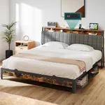 YITAHOME Full Size Bed Frame, Upholstered Platform Bed with Charging Station, Storage Headboard Metal Full Bed Frame with USB, No Box Spring Needed, Under Bed Storage, Easy Assembly, Rustic Brown