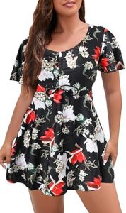 ECUPPER Womens One Piece Swimsuit with Sleeves Plus Size Swim Dress Modest Tummy Control Skirt Bathing Suit Built in Shorts Black