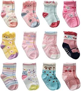 12 Pairs Toddler Girl Non Skid Socks Cute Cotton with Grips Baby Girls Anti-skid Socks (12-36 Months 12 Pairs)