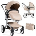 COSTWAY Baby Pushchair, Foldable Infant Stroller with Rain Cover, Mosquito Net, Carry Bag, Adjustable Backrest/Handle/Canopy, Convertible Buggy Pram for 0-3 Years (Beige)