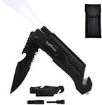 7-in-1 Dispatcher Tactical Knife with Glass Breaker, Seatbelt Cutter,Steel Serrated Blade,Flashlight,Fire Starter,Bottle Opener and Carrying bag, Good for Military Emergency Outdoor Rescue (Black)