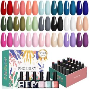 PHOENIXY 24 PCS Gel Nail Polish Set, Spring 21 Colors 8ml Gel Nail Polish Kit with Base Glossy Matte Top Coat Black Gray Red Nail Polish Set Nail Kit Gifts for Women