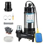 1HP Sewage Grinder Pump Submersible Effluent Pump, Sump Pump 110V 6400GPH with Automatic Float Switch, Cast Iron, 2'' NPT Discharge for Basement, Sump Basin, Residential Sewage