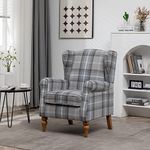 Retro Accent Chair, Wingback Tartan Armchair Soft Padded, Retro Check Leisure Chair, Fabric Lounge Padded Sofa Chair for Living Room Bedroom - Gray