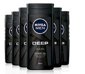 NIVEA MEN Deep Shower Gel Pack of 6 (6 x 250ml), Face, Hair & Body Wash Black Charcoal Shower Gel, 24H Deeply Cleansing and Invigorating Men's Shower Gel