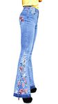 CHARTOU Womens Chic Floral Embroidered High-Rise Bell Bottom Flare Jeans Broad Feet Long Denim Pants, Blue, Large