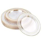 MATANA 120 Premium Reusable Plastic Plates with Hammered Gold Rim - 60 Plastic Dinner Plates, 60 Side Plates - Hard Plastic Plates, Plastic Party Plates for Weddings, Birthdays, Garden, Parties