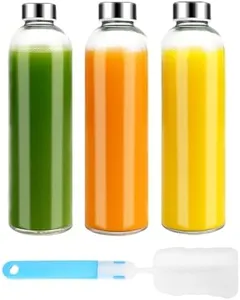 Luxfuel 32 oz Clear Glass Water Bottles with Lids, Reusable Glass Juice Bottles with Stainless Steel Cap for Juicing, Refrigerator, 100% Leak Proof, BPA Free, Gift Set of 3