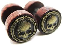 Organic Wood w/ Metal Skull Emblem Stud Post Earrings - New - Pair!