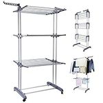 Voilamart Clothes Airer 3 Tier Foldable Laundry Drying Clothes Rack Outdoor Indoor Heavy Duty Clothing Horse Garment Dryer Stand on Wheel, Grey