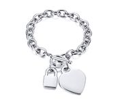 VNOX Personalized Initial Name Stainless Steel Trendy Cable Chain Bracelet Neckalce Set with Padlock Heart Charm and Toggle Clasp Closure, 8 2 inch, Stainless Steel