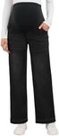 OUGES Women's Stretchy Maternity Jeans Cotton Blend Relaxed Straight Leg Fit Over Belly High Waist Denim Business Casual Work Maternity Pants Mom Jeans Fall Maternity Clothes with Pockets(Black,S)