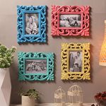 Duadecor Set of 4 - Wooden Hand Carved Photo Frame for Wall Hanging and Tabletops Display - 5 x 7 Picture Frame - Wood Carving Distressed Finish – Pink, Blue, Turquoise and Yellow