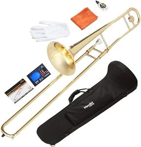 Mendini by Cecilio Bb Tenor Slide Trombone for Beginners - B Flat Brass Plated Trombone Instrument for Students with Tuner, Music Book, Hard Case, Mouthpiece, Cleaning Kit & Gloves (Gold)