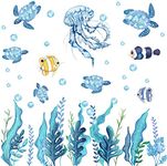 HPNIUB 37Pcs Turtles Wall Stickers for Bathroom,Ocean Fish Wall Stickers,Under The Sea Seaweed Wall Decals,Ocean Grass Jellyfish Fish Stickers,Sea Animals Wall Decoration for Kids Bedroom Living Room