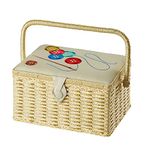 Medium Sewing Box, Wicker Effect with an Embroidered Buttons on Cream Fabric Lid, 26 x 19 x 15cm