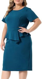 Agnes Orinda Plus Size Peplum Bodycon Dresses for Women Short Sleeves Work Ruffle Pencil Dress, Lake Blue, 1X