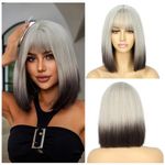 Sapphirewigs Grey Wigs for Women Bob Wig with Bangs Short Grey Brown Ombre Wig Shoulder Length Wig Daily Party Wig Natural Looking Wig 14inch