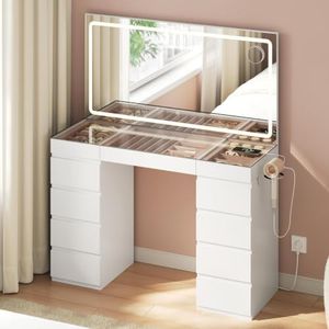 WOLTU Schminktisch mit Beleuchtung, Glasplatte und Spiegel, Kosmetiktisch mit 11 Schubladen, Schmuckfächern, Steckdose und Haartrocknerhalter, für Schlafzimmer, Weiß