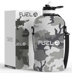 Fuel24 Jug with Insulated Sleeve & Removable Shoulder Strap | 2.2 Litre Water Bottle | Extra Strong Material | Drop Proof, Pop or Straw Cap | 2.2L Large Gym Sports Bottle | BPA FREE (Straw Cap, Camo)