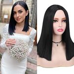 HANNE Natural Black Shoulder Length Bob Wig for Women Short Straight Hair Middle Part Heat Resistant Bob Wigs for Daily Use or Party (Black)