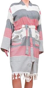 ATANI Robes for Women, 100% Cotton Turkish Unisex Waffle Knit Bathrobe for Women Soft Lightweight Knee Length Loungwear, Red-navy Blue, X-Large