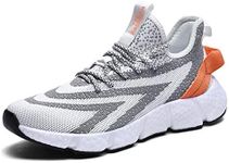 ZXWFOBEY Men Running Shoes Trainers Gym Fitness Sports Shoes Lightweight Road Running Shoes Absorbing Athletic Walking Fly Knitting Shoes (Grey White, 10.5)