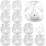 Belle Vous 12 Pack Clear Glass Tealight Candle Holder with White Ribbon - Votive Tea Light Holders Set Ideal for Weddings, Parties, Home Decor, Table Centrepieces & Gifts