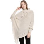 Bold N Elegant - Be Bold Inside & Elegant Outside Knitted Turtle Neck Woolen Warm Winter Poncho Mid-Thigh Cape Coat Wrap With Tassel Fringe Hem And Sleeves For Women (Off White, Free Size)