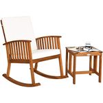 Tangkula Acacia Wood Patio Bistro Set, Outdoor Rocking Chair with Table, Porch Rocker with Thick Cushion of Detachable Cover, Porch Rocking Chair Table Set for Outdoor Indoor Patio Backyard, Teak