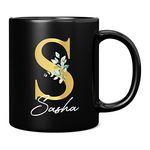 Personalised Letter S Floral Mug Initial with Name, Customised Gift, Gold Effect Printed Letter, NOT Metallic - Ceramic Coffee Cup for Men or Women, Extra Large and Giant Mug, 11oz Black Mug