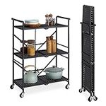 Navaris Foldable Metal Rolling Cart - Collapsible Utility Cart with Wheels - 3-Tier Service Trolley Kitchen Storage Shelves - 27.2" x 13.2" x 36.6"