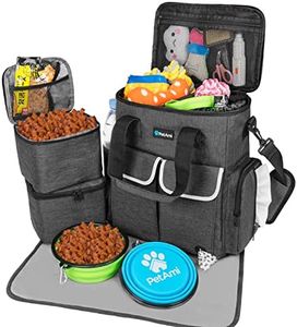 PetAmi Dog Travel Bag Pet Supplies Accessories Organizer for Traveling, Camping, Weekend; Cat Pet Travel Bag Kit Includes 2 Food Storage Containers, 2 Collapsible Bowls, 1 Feeding Mat (Dark Gray)