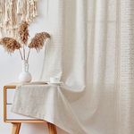 Lazzzy Beige Linen Curtains Boho Curtains for Bedroom Living Room Embroidered Bordered Window Curtain Drapes 84 Inch Length Light Filtering Grommet Window Treatment 2 Panels Ivory on Beige