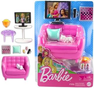 Barbie Indoor Furniture Playset, Living Room Includes Kitten, Furniture and Accessories for Movie and Game Night