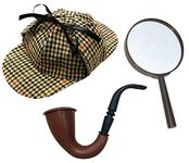 Victorian Detective Detective Costume Kit - Deerstalker Hat, Brown Victorian Style Pipe and Magnifying Glass - 3 Piece Accessory Set