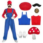 Antsparty New Plumber Costume for Kids Adult, 7PCS Super Plumber Fancy Dress Costume with Shirt Pants Cap Beard Gloves, Super Bros Halloween Carnival Cosplay Costume