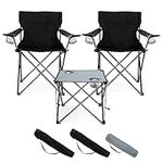 HaSteeL Folding Camping Chair Set of 3, Foldable Black Camp Chairs & Grey Table, Large Lawn Chair Portable for Adults Hiking, Fishing, Picnic, Outdoor BBQ, Travel, Sports, Cup Holders & Storage Bags