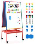 SWANCROWN Double-Sided Whiteboard with Stand 90x60cm, Mobile Whiteboard Teaching Easel with Storage Tray for Classroom Home School, Colorful Aluminum Frame, Height Adjustable