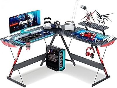 Bentifar L Shaped Gaming Desk 130cm L Shaped Desk, Carbon Fiber, Computer Corner Desk with Large Monitor Riser Stand for Home Office, Gaming Desk with Shelf (Carbon Black)