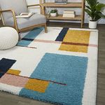 TAUHID CARPET - THE ART OF WEAVING WITH DEVICE OF TC Handwoven 3D Carved Super Soft Collection Modern Rectangular Area Rug Carpet 9 X 12 Feet Ivory Musturd Yellow Sky Blue Multi.