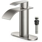 FORIOUS Bathroom Faucet, Single Handle Waterfall Bathroom Sink Faucet, Brushed Nickel Bathroom Faucets Lavatory Faucet with Pop-up Sink Drain Stopper & Deck Plate (One or 3 Hole)