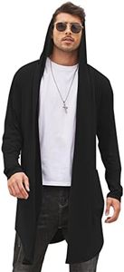 COOFANDY Men's Long Hooded Cardigan Shawl Collar Lightweight Open Front Drape Cape Overcoat with Pockets Black