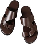 GORGLITTER Men's Criss Cross Toe Post Slippers Round Open Toe Flip Flops Pu Leather Slippers Brown 10