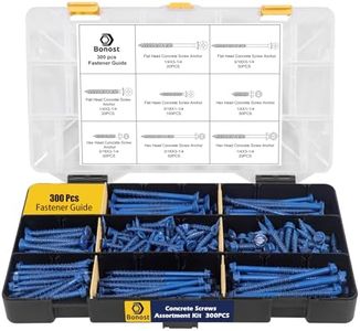 Bonost 300Pcs Concrete Screw Assortment Kit - 1/4 3/16 Concrete Screws with Drill Bit 8 Sizes - Flat & Hex Head Brick Screws for Masonry, Block and Cement