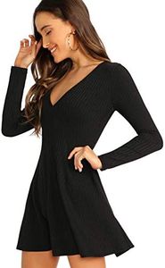 Verdusa Women's Elegant Deep V Neck Long Sleeve Ribbed Short Skater Dress Black S