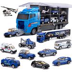 Joyfia 10 in 1 Die-cast Police Patrol Rescue Truck, Mini Police Vehicles Truck Toy Set in Carrier Car Toy Playset for 3+ Years Old Kids Boys Girls