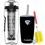 Fruitalite Fruit Infuser Water Bottle- 1 Litre, Colored Tritan Infusion Rod, Cover Sleeve, Infused Detox Water Recipes eBook, Cleaning Brush (Black)