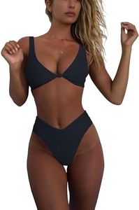 geluboao Womens Black High Wasited Bikini Set Solid Padded Push Up Swimsuit Cheeky Brazilian Cut Thong 2 Piece Bathing Suit S
